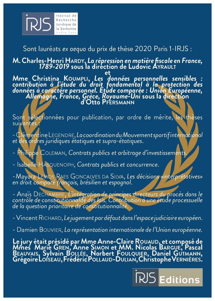 Les lauréats ex aequo du prix de thèse 2020 Paris 1-IRJS