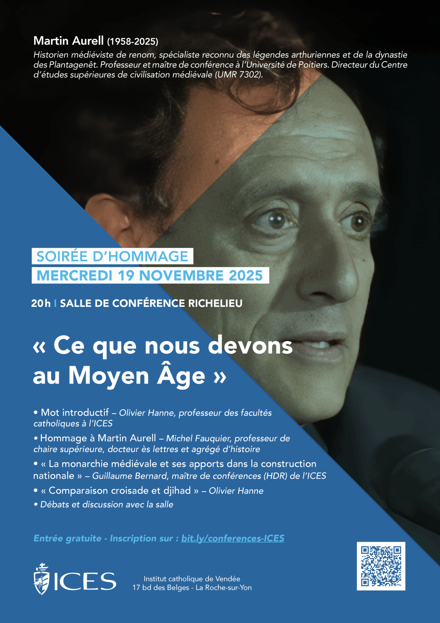 2025 11 19 HOMMAGE AURELL affiche avec Martin Aurell, historien médiéviste reconnu.