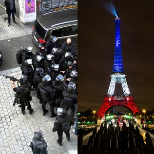 Deux photos, à gauche après de policiers dans la rue après les attentats, à droite la tour Eiffel aux couleurs du drapeau français